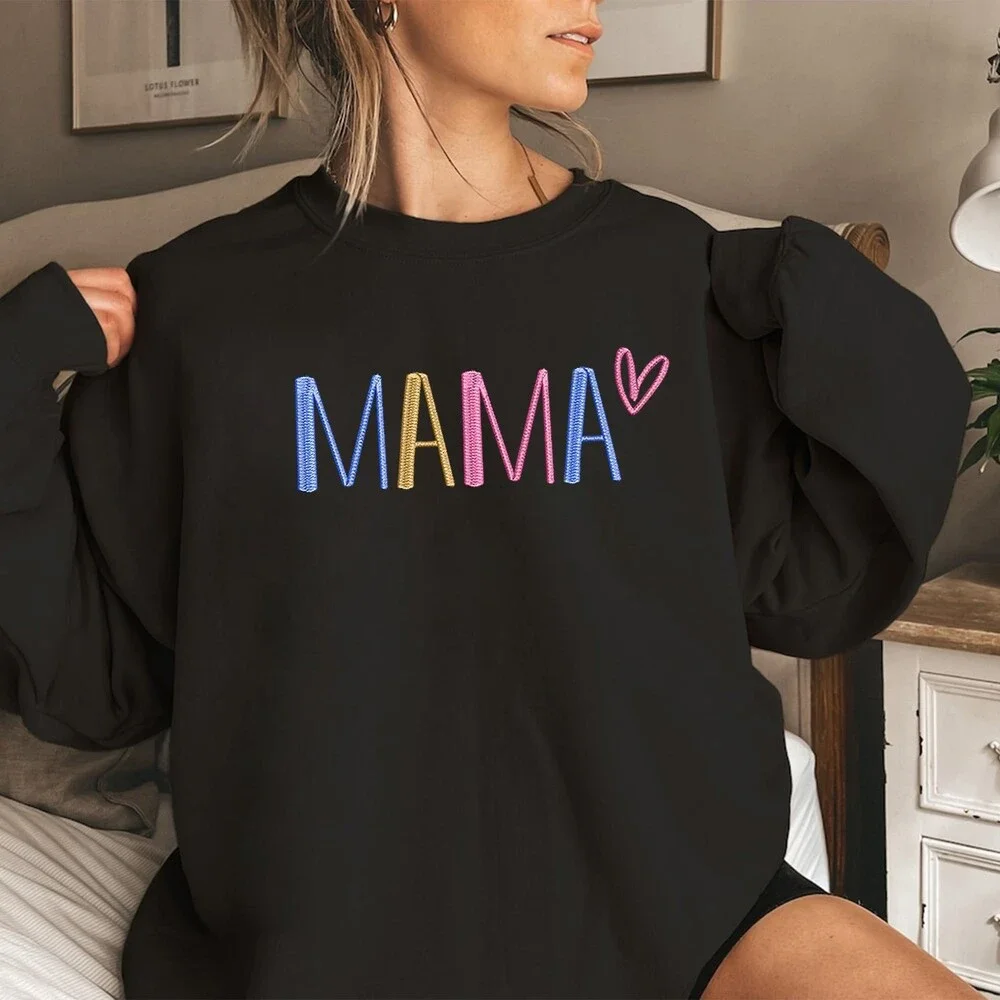 GODMERCH Women's Embroidered Mama Sweatshirt Mothers Day Gifts Mom Crewneck L